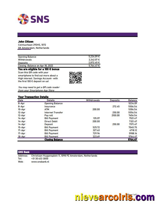 Netherlands SNS bank statement